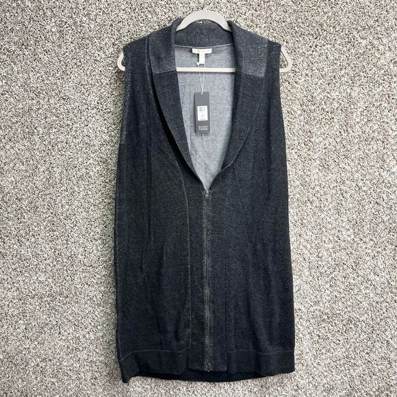 Eileen Fisher Vest Womens M Grey Plaited Cotton Sleeveless Shawl Collar Long NWT - Picture 1 of 7